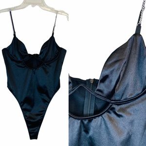 NWT Black Satin Peekaboo Chain Strap Bodysuit